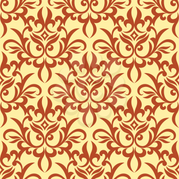 Retro foliage orange damask e seamless pattern with curly flowers on yellow background for wallpaper or carpet design