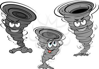 Cartoon dark gray tornado and cyclone characters with angry faces and funny teasing phiz for wheather concept or mascot design