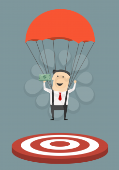 Happy cartoon businessman with red parachute successful landing in the center of a target with money in hand