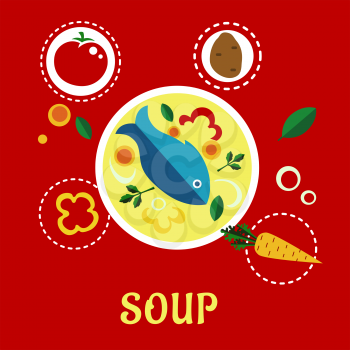 Cooking fish soup with fish, vegetables and herbs surrounded ingredient icons including whole and sliced tomato, potato, bell pepper, onion, carrot and parsley. Flat style