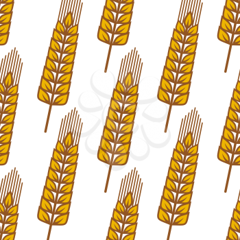 Golden wheat  seamless pattern with repeated motif of ripe cereal ears on white background for bakery or pastry design