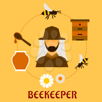 Beekeeping concept with beekeper in hat and apiculture symbols around him including honey jar, flying bees, flowers, wooden beehive and dipper with drop of liquid honey
