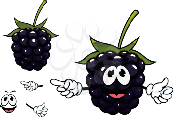 Ripe succulent blackberry fruit cartoon character with black shining drupelets, big green carpel and funny smiling face for natural food or childish menu design