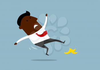 African american cartoon businessman slipping on a banana peel and falling down with outstretched arms, for risk or failure concept design
