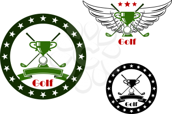 Golf tournament emblems and symbols with trophy cup, wings and crossed golf clubs