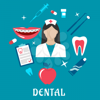 Dental flat design with a nurse surrounded by an apple, examination chart, tablets, mouth with braces, tooth, instruments and toothpaste in a medical and healthcare concept