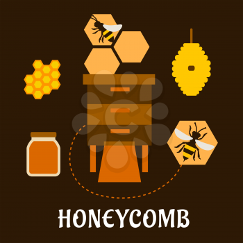 Honeycomb flat infographic design with bees flying near beehives, honeycombs and glass jar with liquid honey on dark brown background suited for beekeeping industry design