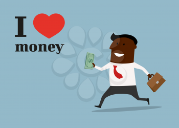 Happy cartoon african american businessman walking to work with briefcase in one hand and money in another with caption I love money suitable for motivation or success business concept design