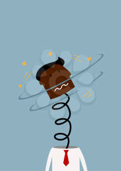 Exhausted exploded african american businessman with head on the spring that revolves around him. Cartoon flat style.  For overwork or burn out syndrome concept design
