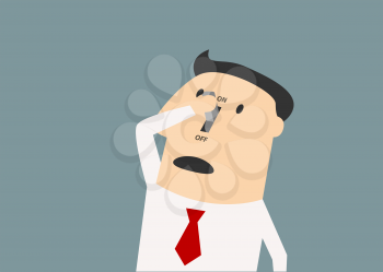 Cartoon businessman turning on toggle switch on his face for ready to work suited for motivation or control  business concept design