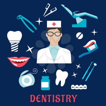 Dentistry flat design with female dentist in glasses and white uniform, dental equipment and hygiene icons including toothy smile, chair, tooth implant, floss, brace, pills, toothbrush, toothpaste