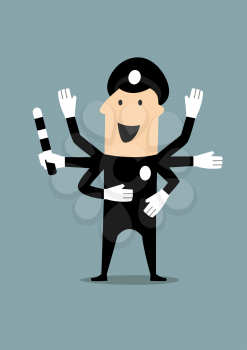 Happy cartoon policeman in uniform and peaked cap with traffic rod in one of hands, flat style, for business, law or multitasking concept design