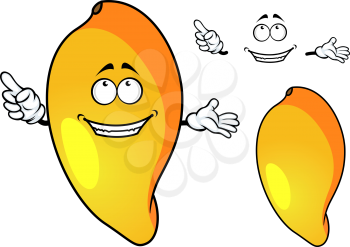 Juicy ripe tropical cartoon mango fruit character with orange yellow smooth skin isolated on white background