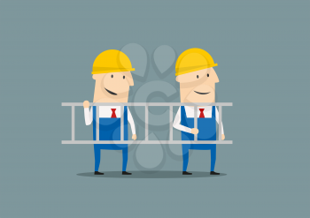 Smiling engineers in blue overallses carrying ladder, for industrial design. Cartoon flat style