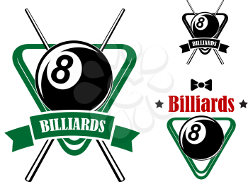 Billiards or pool game emblems with balls in the triangle racks, stars and bow tie. Second variant with crossed cues and ribbon banner.Suitable for sporting club or team design