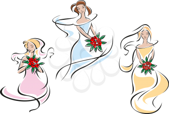Pretty doodle sketch of brides in different colored flowing gowns holding a bunch of red flowers, for wedding and marriage design