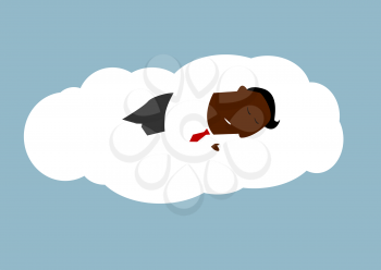 Conceptual design of a dark skinned  african american businessman asleep on a cloud in a blue sky