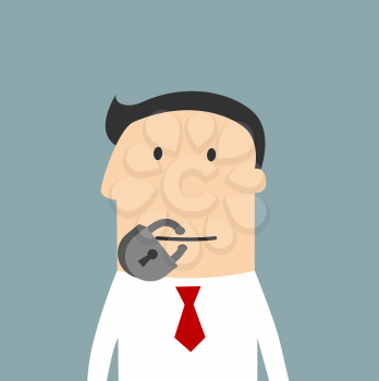 Cartoon businessman with a lock on the mouth as a concept of silence, flat style