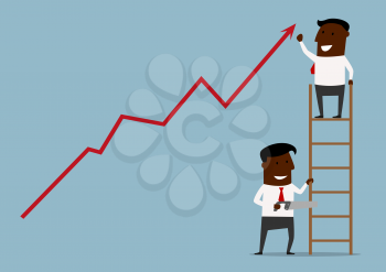 Successful african businessman standing at the top of a ladder adjusting his chart while a second stands below with a saw ready to cut his support