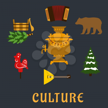 Russian culture flat icons set with the balalaika, bear, samovar, snowy trees, sauna, candy and accordion