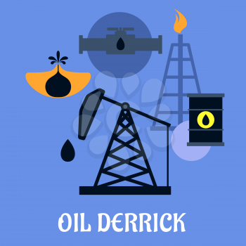 Oil Derrick and mining concept with a flat icons of mine head, pipeline refinery and barrels of crude
