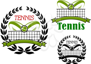 Tennis sport game icons or emblems with flying ball, laurel wreath and court net