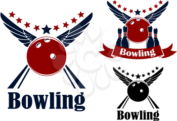 Winged bowling ball and ninepins in red and blue colors with decorative elements for sports logo or emblem design