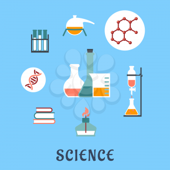 Colored flat science and medical icons with research books, distillation, atomic structure, experiments, flasks and bunsen burner