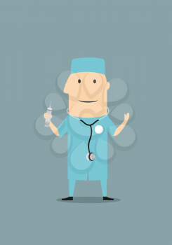 Funny cartoon doctor or physician in blue medical scrubs and a stethoscope while standing up and holding a syringe