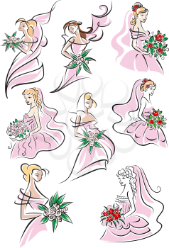 Bride sketches in gown holding bouquet of flowers on white background for wedding and marriage design