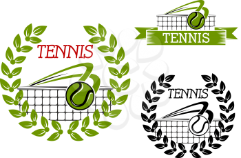 Green tennis sports game icon or symbol with ball, net and laurel wreath