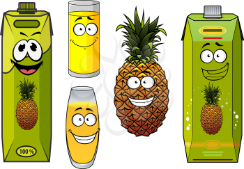 Funny cartoon pineapple fruit and juices in containers with happy face isolated on white background