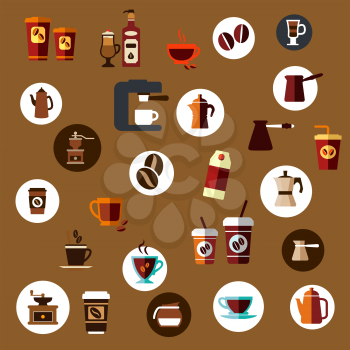 Flat coffee icons of takeaway cups, beans, coffee pots, coffee grinder, cappuccino, espresso, percolator and coffee machine