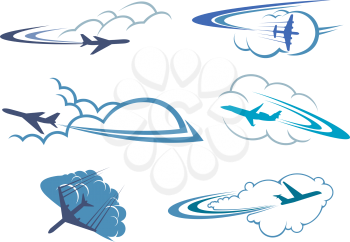 Airplane symbols in the sky among white and blue clouds with curved traces for travel or transportation design, isolated on white background