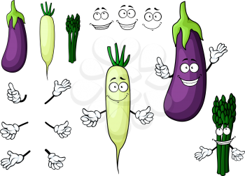 Cartoon fresh eggplant, white radish and bunch of asparagus vegetables characters isolated on white background for agriculture or vegetarian food design
