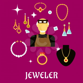Jeweler or goldsmith profession concept design with man in professional glasses, luxury jewelries such as fancy earrings, ring and pendant with red gems, chain, bracelets, shining jewels