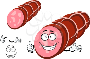 Smoked spicy beef sausage cartoon character with meat and fat pieces on the cut, with thumb up gesture for food pack or advertising design