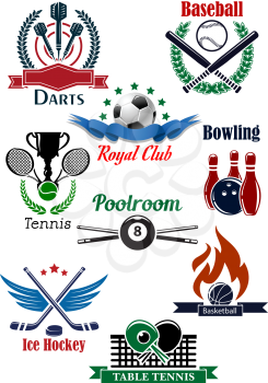 Sporting emblems templates for darts, baseball, soccer or football, bowling, tennis, billiards, ice hockey, basketball and table tennis with game equipments, attributes, heraldic elements
