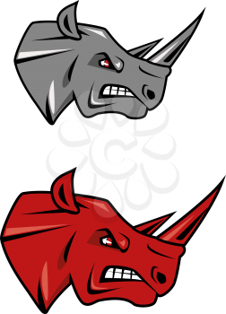 Angry rhino head with evil grin and glaring red eyes in gray or red color variations for tattoo or sporting mascot design