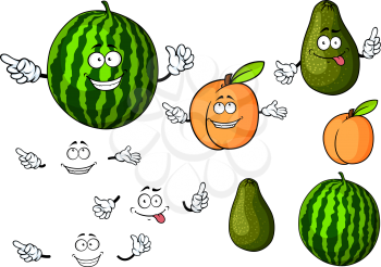 Fresh cartoon green watermelon and knobbly avocado, orange fuzzy apricot fruits characters for agriculture or vegetarian food design