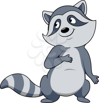 Amusing shy smiling raccoon cartoon character with gray striped fur and long bushy tail, isolated on white background for childish book or mascot design