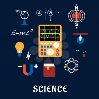 Science flat icons set with symbols of physics such as magnet, electric power, atom model, Earth magnetic field, book, formulas, schemes and tools. For education or scientifical concept design