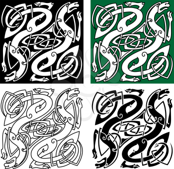 Abstract celtic dragons with tribal stylized entwined wings and long tails on white, green and black backgrounds for tattoo or religious design
