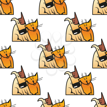 Cartoon cats and dogs seamless pattern showing cute orange cat snuggled to spotty brown dog for pets friendship or wallpaper design