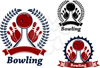 Bowling balls crashing ninepins on lanes, decorated ribbon banners, laurel wreath or frame with sun beams, for bowling club emblem