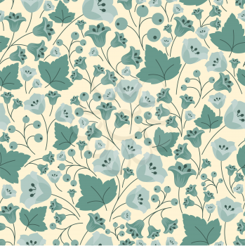 Retro floral seamless pattern of pastel blue and teal colored bellflowers with berry bunches and leaves on beige background for wallpaper or textile design