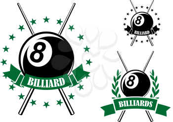 Billiards or pool retro emblems in green and black colors with eight ball and crossed cues encircled by ribbon banners, stars and laurel branches for sporting design