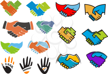 Business partnership or friendship handshakes and hands symbols including abstract colorful handclasp, silhouettes of palms with strips and heart sign suitable for business or communication concept de