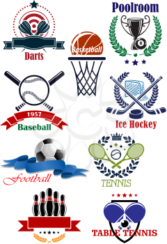Sporting club or competition emblems for football or soccer, darts, baseball, bowling, tennis, ice hockey, basketball, billiards or pool and table tennis sports with heraldic design elements