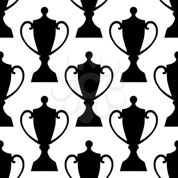 Black and white trophy cups seamless pattern background with decorative lids and rounded curved handles for sports design